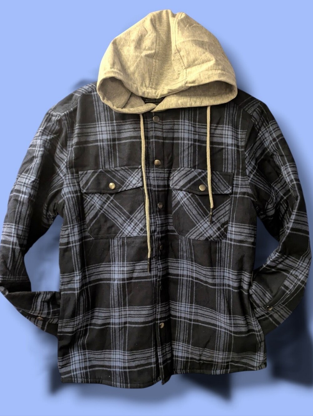 Men's Black Plaid Lightweight Shirt Jacket with Tan Hood